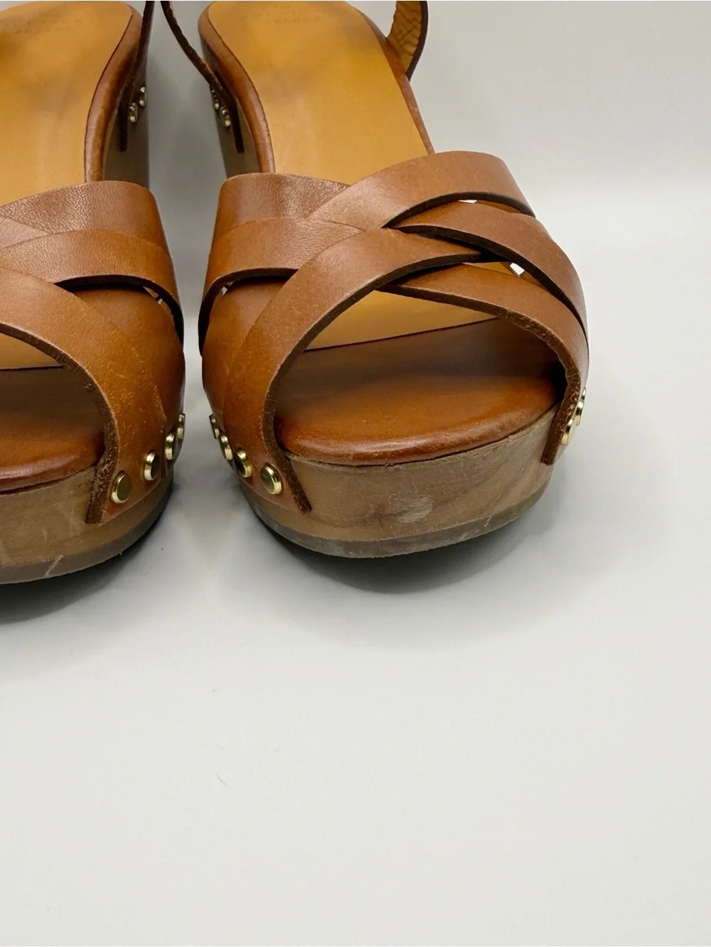 Sézane Isabelle Clogs Smooth Camel Leather Wooden Platform Sandals Brown 39 Shoe